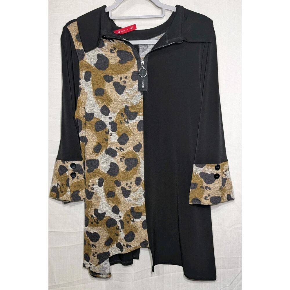 IC by Connie K Asymmetrical Zip Front Tunic Top M Black Animal Print Colorblock